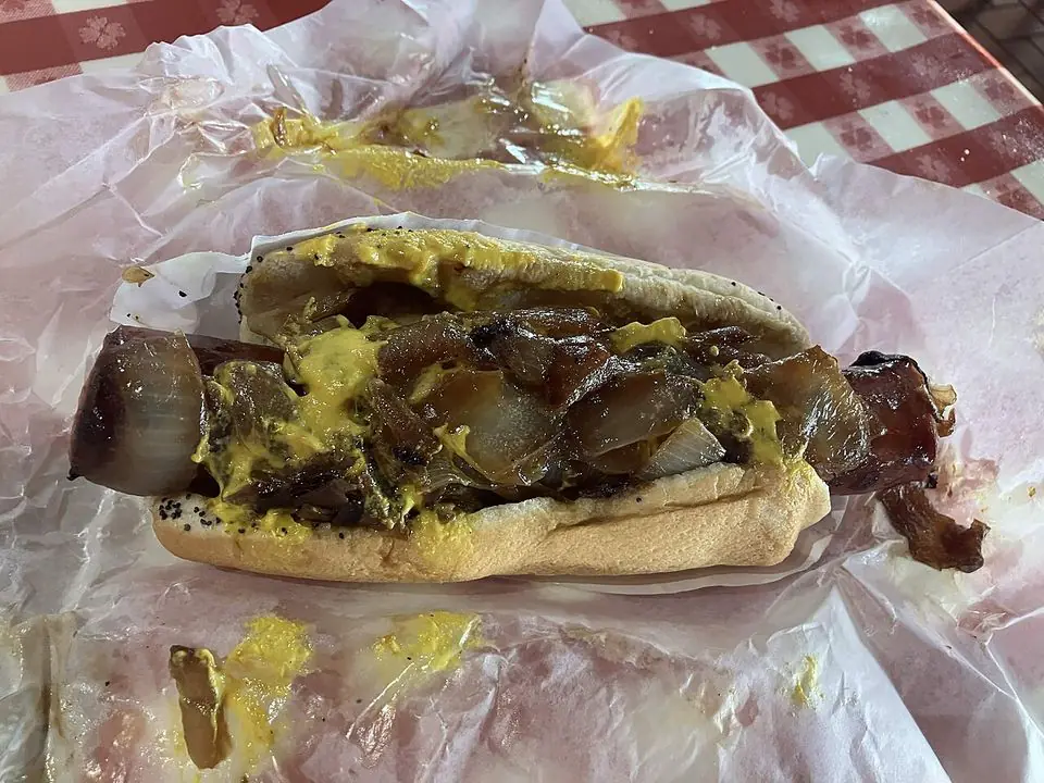 Maxwell Street Polish (Grilled Polish sausage with onions and mustard)